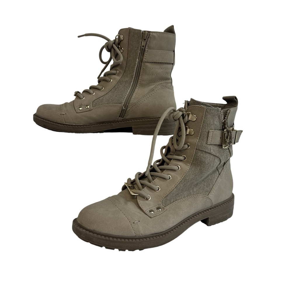 G by Guess 8M Taupe Lace Up Combat Boots with Buckle Detail and Zipper Accent
